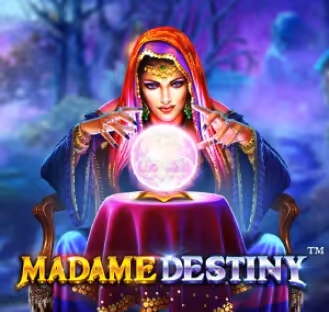 Madame Destiny slot game showing a fortune teller and crystal ball bonus feature
